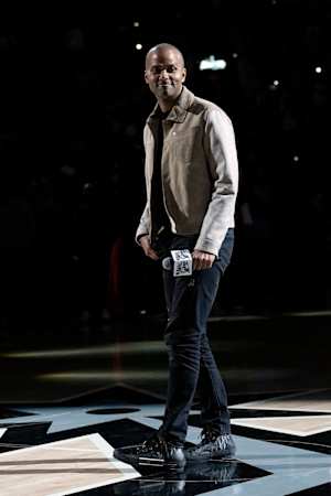 Dec 17, 2023; San Antonio, Texas; Former Spurs Hall-of-Fame point guard Tony Parker honored at halftime against the Pelicans.
